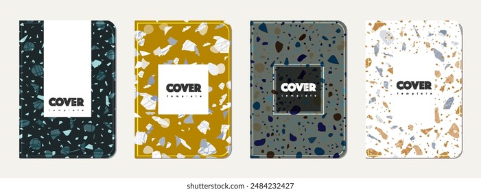 School notebook cover design. Terrazzo abstract background made of natural stones, granite, quartz and marble. Venetian terrazzo texture school notebook template.