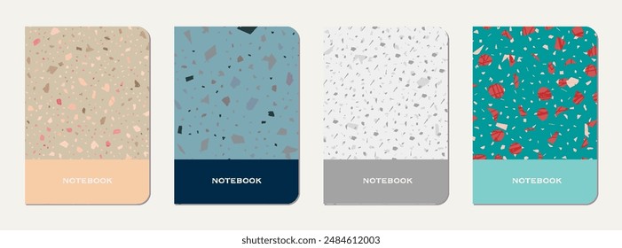 Diseño de portada de cuaderno escolar. Fondo abstracto de terrazo hecho de piedras naturales, granito, cuarzo y mármol. Plantilla de cuaderno de escuela de textura terrazo veneciano.