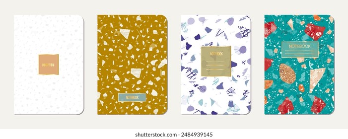 School notebook cover design. Terrazzo abstract background made of natural stones, granite, quartz and marble. Venetian terrazzo texture school notebook template.