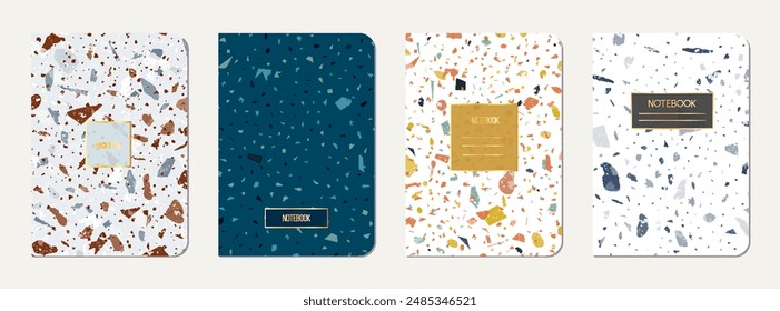 School notebook cover design. Terrazzo abstract background made of natural stones, granite, quartz and marble. Venetian terrazzo texture school notebook template.