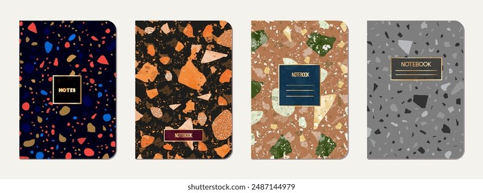 School notebook cover design. Terrazzo abstract background made of natural stones, granite, quartz and marble. Venetian terrazzo texture school notebook template.