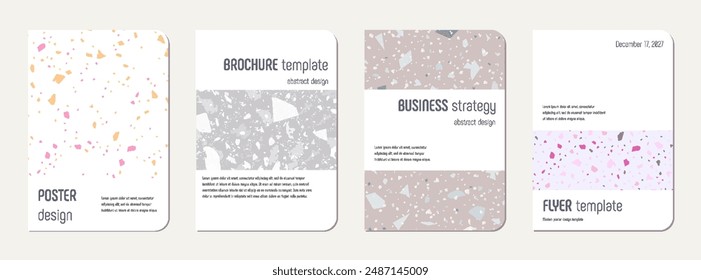 School notebook cover design. Terrazzo abstract background made of natural stones, granite, quartz and marble. Venetian terrazzo texture school notebook template.