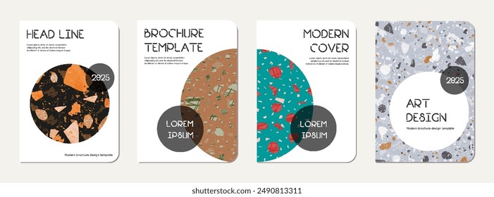 School notebook cover design. Terrazzo abstract background made of natural stones, granite, quartz and marble. Venetian terrazzo texture school notebook template.