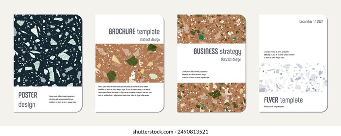 School notebook cover design. Terrazzo abstract background made of natural stones, granite, quartz and marble. Venetian terrazzo texture school notebook template.