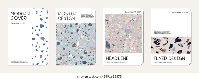 School notebook cover design. Terrazzo abstract background made of natural stones, granite, quartz and marble. Venetian terrazzo texture school notebook template.