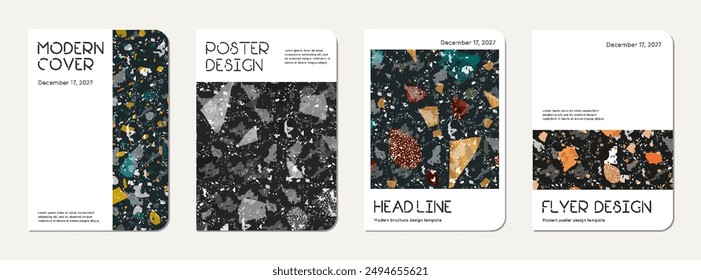 School notebook cover design. Terrazzo abstract background made of natural stones, granite, quartz and marble. Venetian terrazzo texture school notebook template.