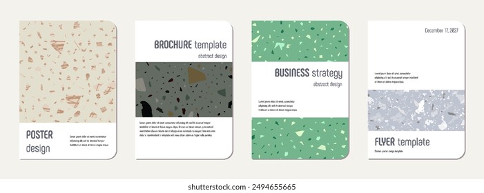School notebook cover design. Terrazzo abstract background made of natural stones, granite, quartz and marble. Venetian terrazzo texture school notebook template.