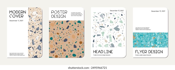 School notebook cover design. Terrazzo abstract background made of natural stones, granite, quartz and marble. Venetian terrazzo texture school notebook template.