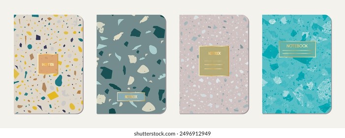 School notebook cover design. Terrazzo abstract background made of natural stones, granite, quartz and marble. Venetian terrazzo texture school notebook template.