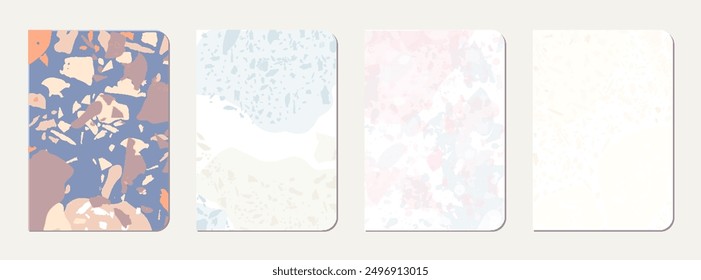 School notebook cover design. Terrazzo abstract background made of natural stones, granite, quartz and marble. Venetian terrazzo texture school notebook template.