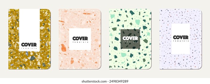 School notebook cover design. Terrazzo abstract background made of natural stones, granite, quartz and marble. Venetian terrazzo texture school notebook template.