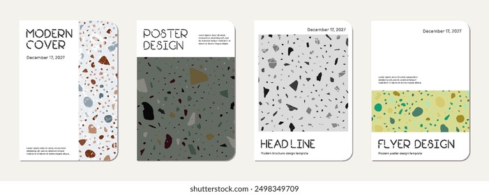 School notebook cover design. Terrazzo abstract background made of natural stones, granite, quartz and marble. Venetian terrazzo texture school notebook template.