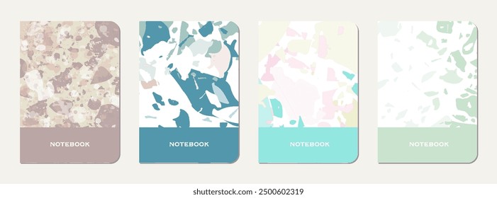 School notebook cover design. Terrazzo abstract background made of natural stones, granite, quartz and marble. Venetian terrazzo texture school notebook template.