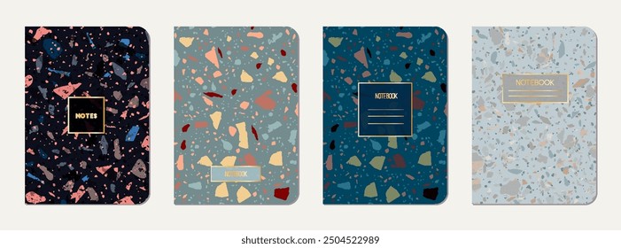 School notebook cover design. Terrazzo abstract background made of natural stones, granite, quartz and marble. Venetian terrazzo texture school notebook template.