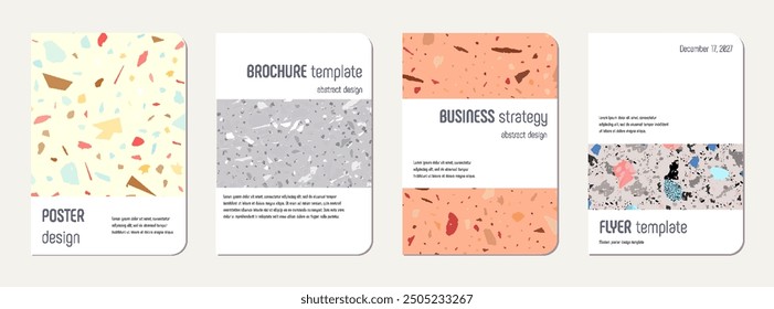 School notebook cover design. Terrazzo abstract background made of natural stones, granite, quartz and marble. Venetian terrazzo texture school notebook template.