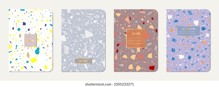 School notebook cover design. Terrazzo abstract background made of natural stones, granite, quartz and marble. Venetian terrazzo texture school notebook template.