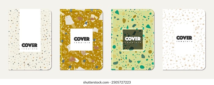 School notebook cover design. Terrazzo abstract background made of natural stones, granite, quartz and marble. Venetian terrazzo texture school notebook template.