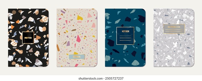 Diseño de la cubierta del cuaderno de la escuela. Fondo abstracto de terrazo hecho de piedras naturales, granito, cuarzo y mármol. Plantilla de cuaderno escolar de textura de terrazo veneciano.
