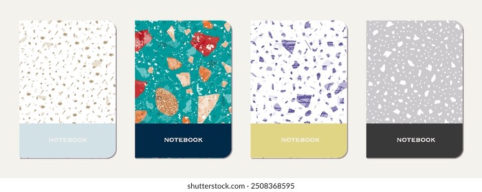 School notebook cover design. Terrazzo abstract background made of natural stones, granite, quartz and marble. Venetian terrazzo texture school notebook template.