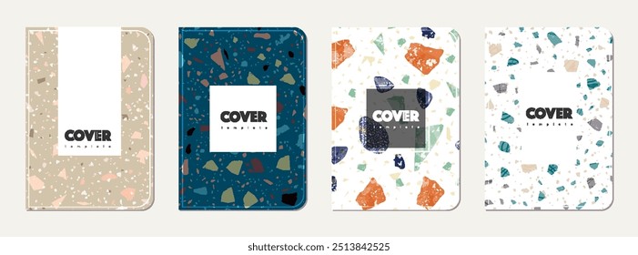 School notebook cover design. Terrazzo abstract background made of natural stones, granite, quartz and marble. Venetian terrazzo texture school notebook template.