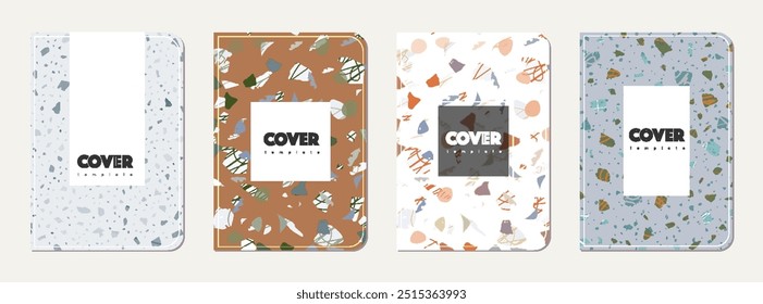 Design de capa de caderno escolar. Fundo abstrato terrazzo feito de pedras naturais, granito, quartzo e mármore. Modelo de caderno escolar de textura terrazzo veneziano.