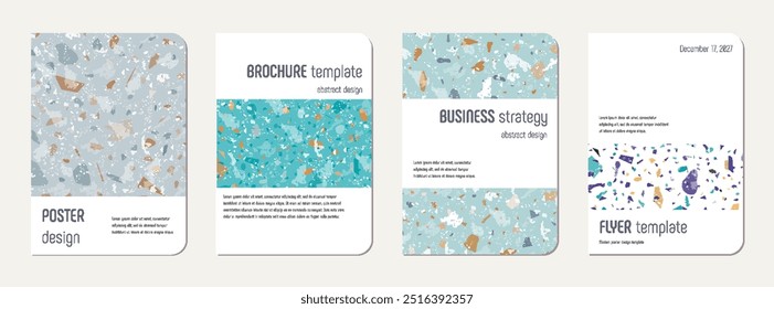 School notebook cover design. Terrazzo abstract background made of natural stones, granite, quartz and marble. Venetian terrazzo texture school notebook template.