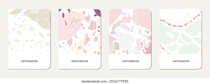School notebook cover design. Terrazzo abstract background made of natural stones, granite, quartz and marble. Venetian terrazzo texture school notebook template.