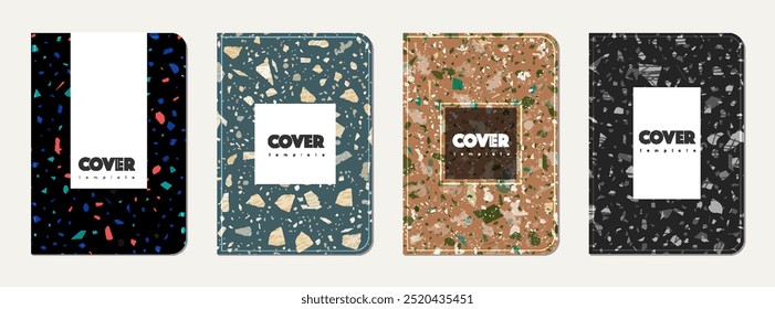 Design de capa de caderno escolar. Fundo abstrato terrazzo feito de pedras naturais, granito, quartzo e mármore. Modelo de caderno escolar de textura terrazzo veneziano.