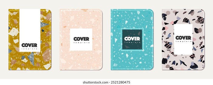 School notebook cover design. Terrazzo abstract background made of natural stones, granite, quartz and marble. Venetian terrazzo texture school notebook template.