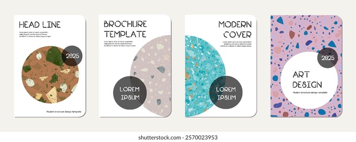 School notebook cover design. Terrazzo abstract background made of natural stones, granite, quartz and marble. Venetian terrazzo texture school notebook template.