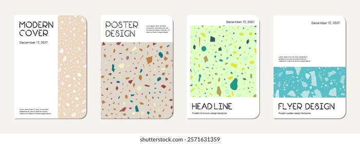 School notebook cover design. Terrazzo abstract background made of natural stones, granite, quartz and marble. Venetian terrazzo texture school notebook template.