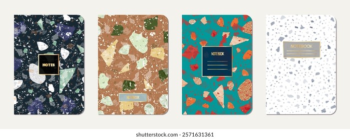 School notebook cover design. Terrazzo abstract background made of natural stones, granite, quartz and marble. Venetian terrazzo texture school notebook template.