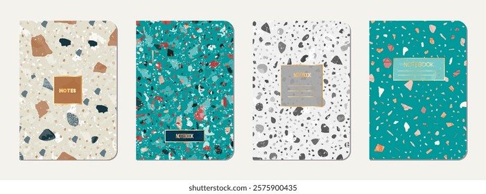 School notebook cover design. Terrazzo abstract background made of natural stones, granite, quartz and marble. Venetian terrazzo texture school notebook template.