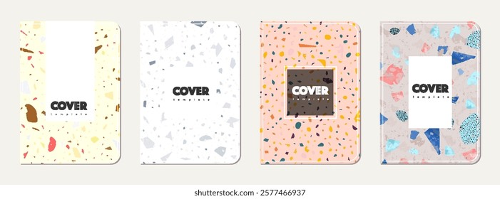 School notebook cover design. Terrazzo abstract background made of natural stones, granite, quartz and marble. Venetian terrazzo texture school notebook template.