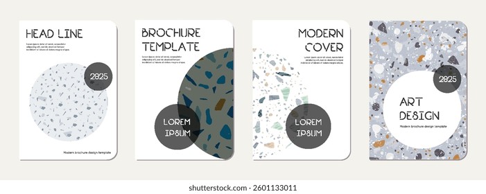 School notebook cover design. Terrazzo abstract background made of natural stones, granite, quartz and marble. Venetian terrazzo texture school notebook template.