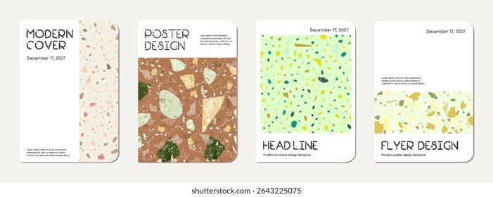 School notebook cover design. Terrazzo abstract background made of natural stones, granite, quartz and marble. Venetian terrazzo texture school notebook template.