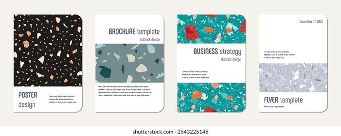 School notebook cover design. Terrazzo abstract background made of natural stones, granite, quartz and marble. Venetian terrazzo texture school notebook template.