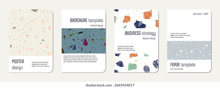 School notebook cover design. Terrazzo abstract background made of natural stones, granite, quartz and marble. Venetian terrazzo texture school notebook template.