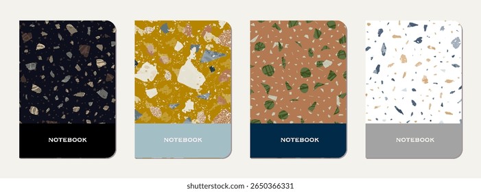 School notebook cover design. Terrazzo abstract background made of natural stones, granite, quartz and marble. Venetian terrazzo texture school notebook template.