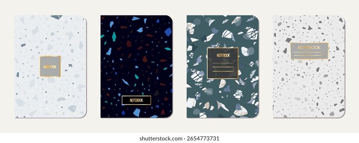 Diseño de la cubierta del cuaderno de la escuela. Fondo abstracto de terrazo hecho de piedras naturales, granito, cuarzo y mármol. Plantilla de cuaderno escolar de textura de terrazo veneciano.