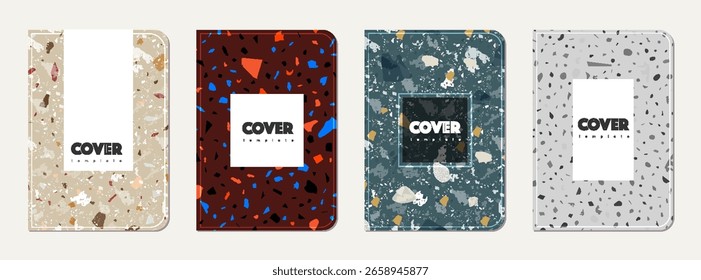 Design de capa de caderno escolar. Fundo abstrato terrazzo feito de pedras naturais, granito, quartzo e mármore. Modelo de caderno escolar de textura terrazzo veneziano.
