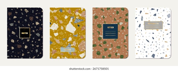 School notebook cover design. Terrazzo abstract background made of natural stones, granite, quartz and marble. Venetian terrazzo texture school notebook template.