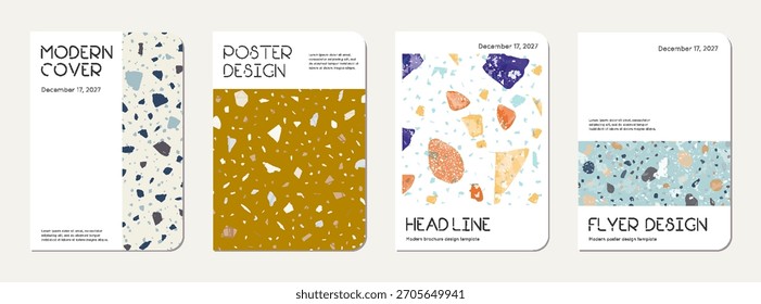 School notebook cover design. Terrazzo abstract background made of natural stones, granite, quartz and marble. Venetian terrazzo texture school notebook template.