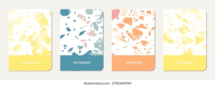 School notebook cover design. Terrazzo abstract background made of natural stones, granite, quartz and marble. Venetian terrazzo texture school notebook template.