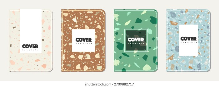 School notebook cover design. Terrazzo abstract background made of natural stones, granite, quartz and marble. Venetian terrazzo texture school notebook template.
