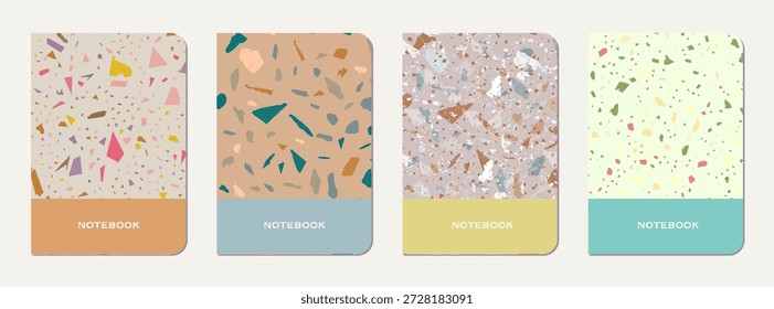 Design der Schulheftabdeckung. Abstrakter Terrazzo-Hintergrund aus Natursteinen, Granit, Quarz und Marmor. Venezianische Terrazzo Textur Schule Notizbuch Vorlage.