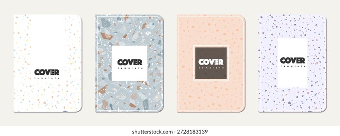 Design der Schulheftabdeckung. Abstrakter Terrazzo-Hintergrund aus Natursteinen, Granit, Quarz und Marmor. Venezianische Terrazzo Textur Schule Notizbuch Vorlage.