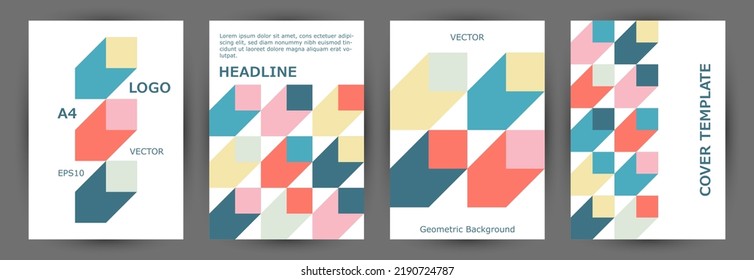 School notebook cover page mokup collection A4 design. Swiss style hipster banner template collection Eps10. Mosaic geometric elements backdrop vertical cover design