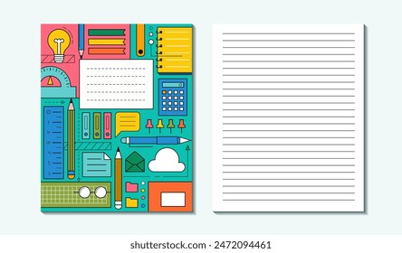 Portada de cuaderno escolar y Plantilla de página. Cartel de concepto de Educación con patrón geométrico abstracto con suministros de oficina y hojas de papel en blanco con líneas, cuadrícula cuadrada y puntos, Ilustración vectorial