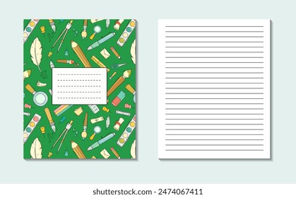 School notebook cover and page template. Education concept poster with stationery pattern, office supplies and blank paper sheets with lines, vector illustration